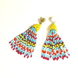 Rainbow Beaded Tassel Gold Stud Earring, Drop Dangle Earrings